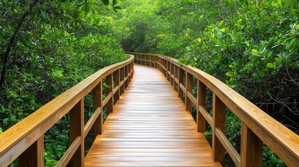 Obraz premium A wooden boardwalk at dusk, framed by rich marsh vegetation, offering a pathway to scenic beauty and peaceful reflection.