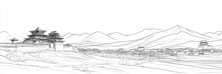Mongolia Line Art Cityscape: Ancient Palace and Serene Mountains - Ancient architecture, serene mountains, sprawling city, peaceful landscape, cultural heritage. Symbolising history, tranquility