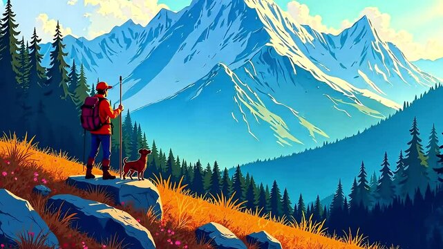 Tourist in the mountains. Beautiful mountain landscape, cartoon style. Healthy lifestyle and sports concept, hike