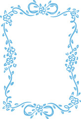 Elegant hand-drawn blue floral frame with decorative flowers, leaves, bows. Spring vector design. Whimsical botanical border with copy space.