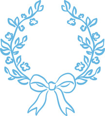 Elegant hand-drawn floral wreath with decorative blue flowers, leaves and bow. Spring vector design. Whimsical botanical frame with copy space.