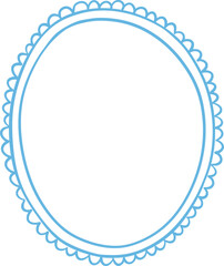 Oval decorative vector frame with scalloped edge. Romantic clipart element in hand-drawn style. Isolated decoration in blue color.