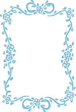 Elegant hand-drawn blue floral frame with decorative flowers, leaves, bows. Spring vector design. Whimsical botanical border with copy space.