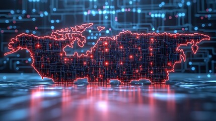 Digital map of Russia with glowing circuit board design.