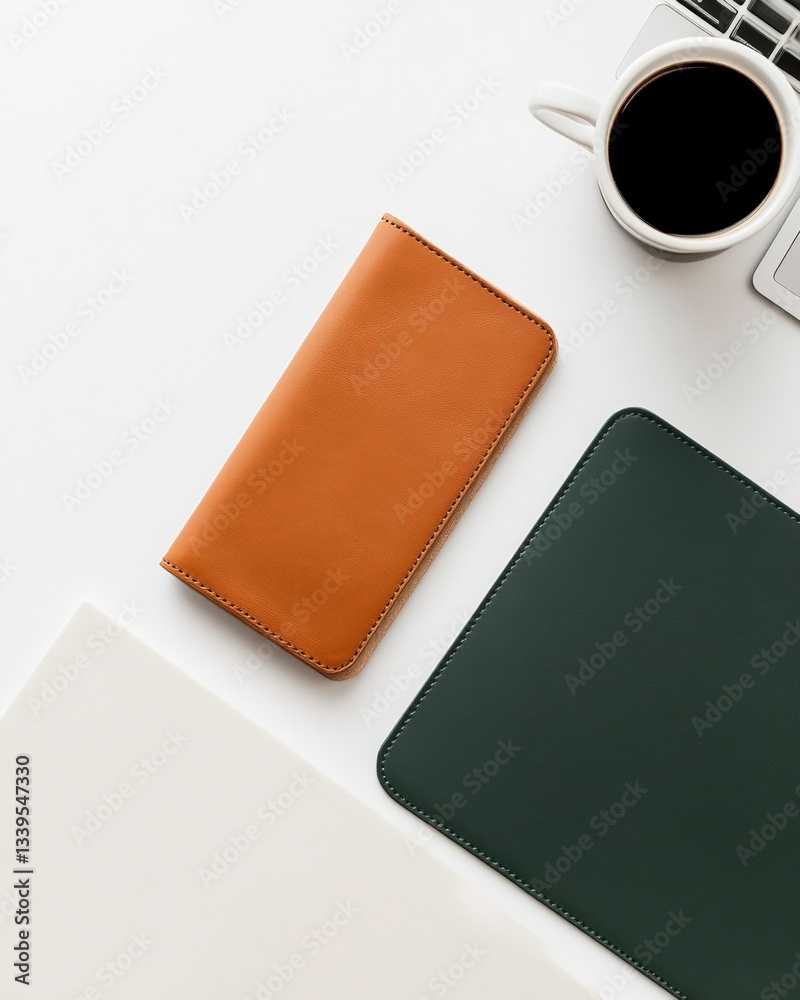 Poster minimalist tech accessories flatlay sophisticated leather wallet and mousepad in earthy tones - mode