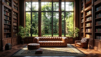 Fototapeta premium Serene Library with Luxurious Leather Furniture and a Garden View
