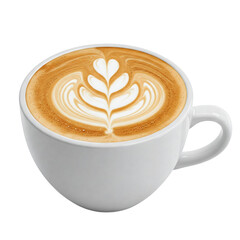 Coffee Latte with Detailed Latte Art in White Cup PNG Image