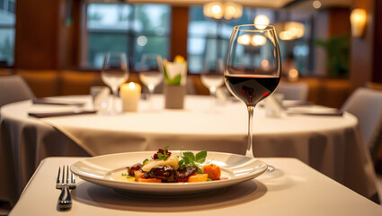 Fototapeta premium A gourmet dish served in an elegant fine dining restaurant, accompanied by a glass of red wine. The warm lighting, luxurious decor, and stylish ambiance create a sophisticated culinary experience 2