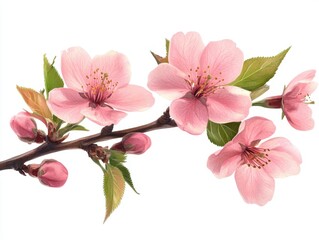 Obraz premium Delicate pink cherry blossoms on a branch against a white background watercolor style floral art spring bloom botanical illustration