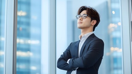 Confident Asian Businessman in Suit Looking Up, Office Window, Vision, Future, Leadership.