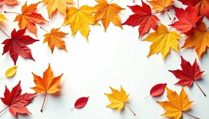 Fototapeta premium Dense autumnal leaves scattered on white surface, white background, autumn leaves, leaves