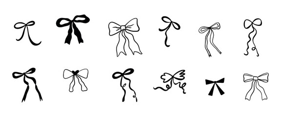 Coquette holiday bows hand drawn collection. Outline ribbons for gift wrapping & hair decor retro. Y2K doodles for birthday, xmas and celebrating.