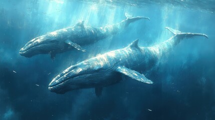 Fototapeta premium Two majestic humpback whales swim gracefully underwater, sunlight filtering through the ocean's surface. Illustrates marine life, ocean conservation, and the beauty of underwater worlds.