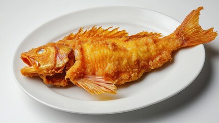 Goldenbrown crispy fried fish on white plate
