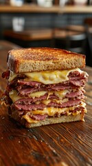 Mouthwatering pastrami sandwich with melted cheese on toasted bread in a restaurant setting close up