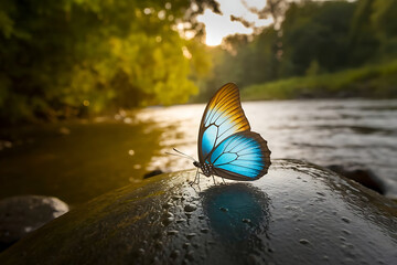 Obraz premium Blue Butterfly Nature Closeup Detail Wet Leaf