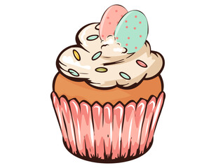 Colorful cupcake with festive toppings sits on a plain background in a cheerful spring setting