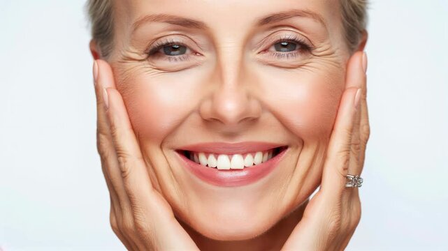 Beautiful gorgeous 50s mid aged mature woman looking at camera isolated on white. Mature old lady close up portrait. Healthy face skin care beauty, middle age skincare cosmetics