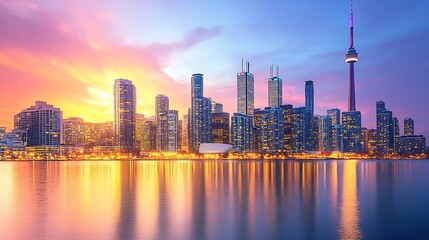 Obraz premium Vibrant city skyline at sunset over water