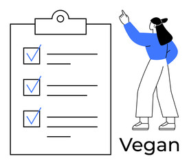 Checklist with three checked items next to a woman gesturing thoughtfully about veganism. Ideal for lifestyle, wellness, health, sustainability, organization, education, personal growth. Flat simple