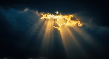 Rays of Sunlight Streaming Through Dark Clouds Dramatic Sky View