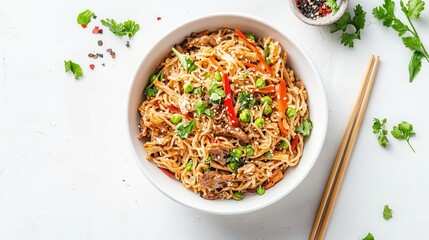 Top view of Hakka noodles in white bowl with chopsticks