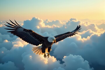 Naklejka premium A lone bald eagle, wings outstretched, dominates the vast expanse of clouds below , symbol, flying, national bird