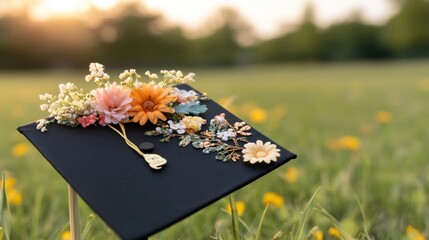 personalized graduation cap, a custom adorned graduation cap, with flower and book decorations, represents individuality and creativity