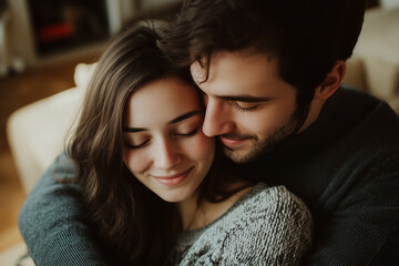Happy couple hugging with eyes closed in soft light. Perfect for love, relationships, romance, and emotional connection concepts. Intimate and heartwarming atmosphere