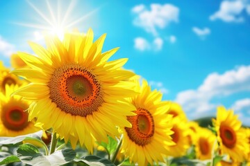 Fototapeta premium 青空の下で太陽を向くひまわりが咲き誇る夏の風景