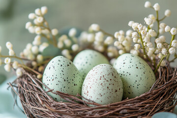 Fototapeta premium Speckled Easter eggs in a wicker nest with lily of the valley blooms. Pastel eggs in a rustic nest. Springtime aesthetic. 