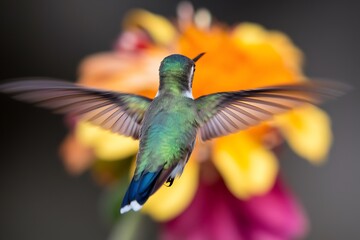 Fototapeta premium A hummingbird with iridescent green back and blue tail feathers is captured midflight, wings spread wide, against a blurred backdrop of bright orange, yellow, and pink flowers.
