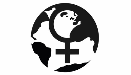 Minimalist black globe silhouette with female gender symbol for International Women’s Day