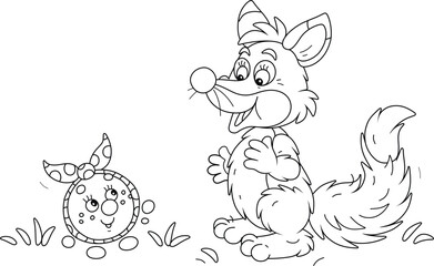 Sly fox and a trusting freshly baked round loaf Kolobok talking on a path in a summer forest, black and white outline vector cartoon illustration for a coloring book