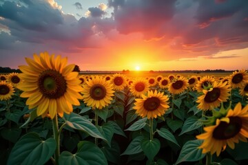 Obraz premium Sun-kissed sunflower field at dusk, fiery sky , beautiful, golden hour, plants