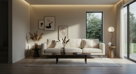 Fototapeta premium Living Room Interior with Sofa, Coffee Table, and Natural Light