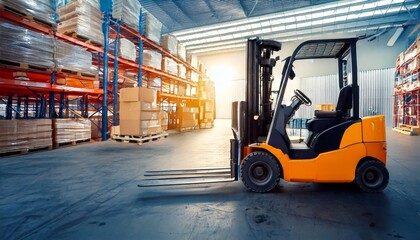 Empty forklift in a spacious, well-organized warehouse. Interior of warehouse dock load cargo electric forklift pallet jack with large shipment goods pallet. Concept of warehouse.