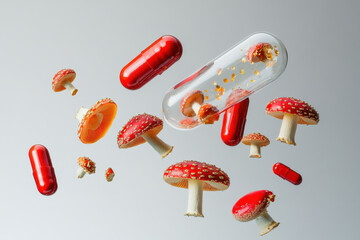 A mesmerizing and captivating image of floating mushrooms and colorful capsules, symbolizing both nature and science