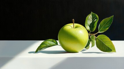 Close-up of a vibrant green apple with fresh leaves, isolated on a clean white backdrop.