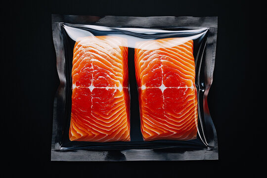 Morceaux de saumon emballé sous vide dans un sachet plastique