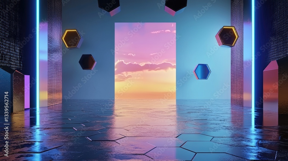 Poster floating hexagonal elements in a high-tech digital environment with glowing neon edges.