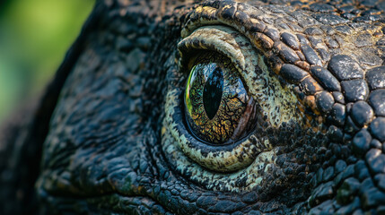Naklejka premium Intimate close-up shot capturing a Komodo dragon's intense eye reflecting wild mysterious island spirit vivid