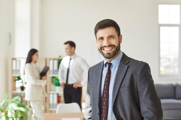 Businessman, successful satisfied hr manager smiling confident, male leader and diverse employees...