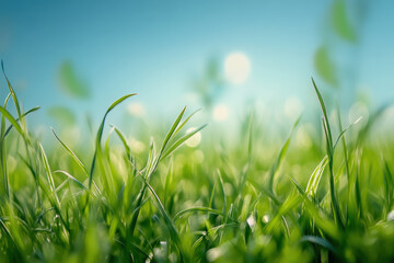 Vibrant grass blades dancing in the breeze under a sunlit sky, creating a serene natural atmosphere.
