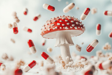 A striking imagery of a red mushroom amidst floating capsules, symbolizing the fusion of nature and medicine.