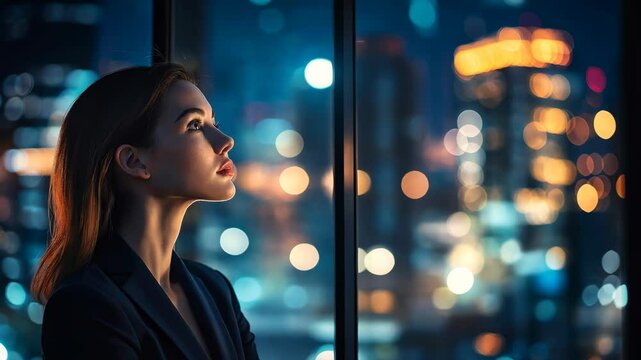 A determined businesswoman gazes out of a highrise window, surrounded by vibrant city lights that symbolize ambition and the innovative spirit needed in todays techdriven world