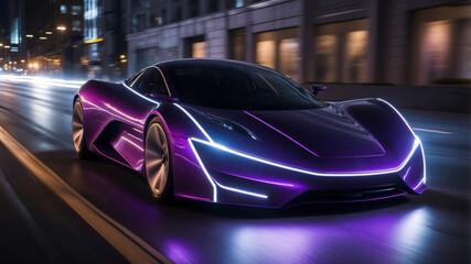 A futuristic purple sports car speeds through a vibrant city at night with neon lights.