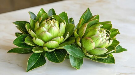 Fototapeta premium Two fresh artichokes resting on a white surface, their leaves slightly open to reveal intricate details.