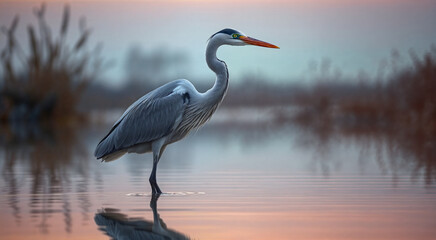 Fototapeta premium A majestic gray heron stands elegantly in calm water. The serene morning atmosphere is captured beautifully with a soft, pinkish sky reflecting on the water.