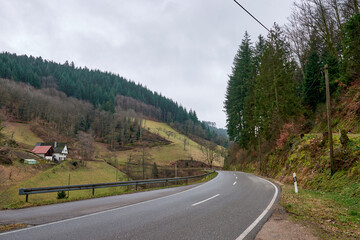 Enchanting Autumn Mountain Road Winding Through Traditional Black Forest Village with Red Roofed Houses and Lush Green Hills. Scenic Rural Highway Meanders Past White Alpine Buildings in Countryside